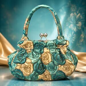 Vintage Y2K Beaded Floral Kiss Lock Frame Handbag Teal Gold Roses